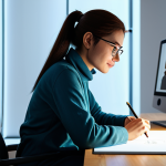 A professional female character designer in modest business casual attire, sitting comfortably at a sleek, modern digital drawing tablet. She is focused on sketching a new character with a warm, empathetic expression. The background is a brightly lit, minimalist creative studio with a large monitor displaying various character concept arts, emphasizing emotional depth and story-driven design. Soft, indirect lighting illuminates the scene.