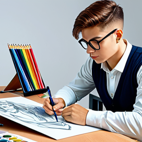 Aspiring Character Designer**

A young professional artist sketching character designs in a bright, modern studio, surrounded by art supplies, fully clothed, appropriate attire, safe for work, perfect anatomy, correct proportions, well-formed hands, natural pose, digital painting, vibrant colors, professional lighting.

**